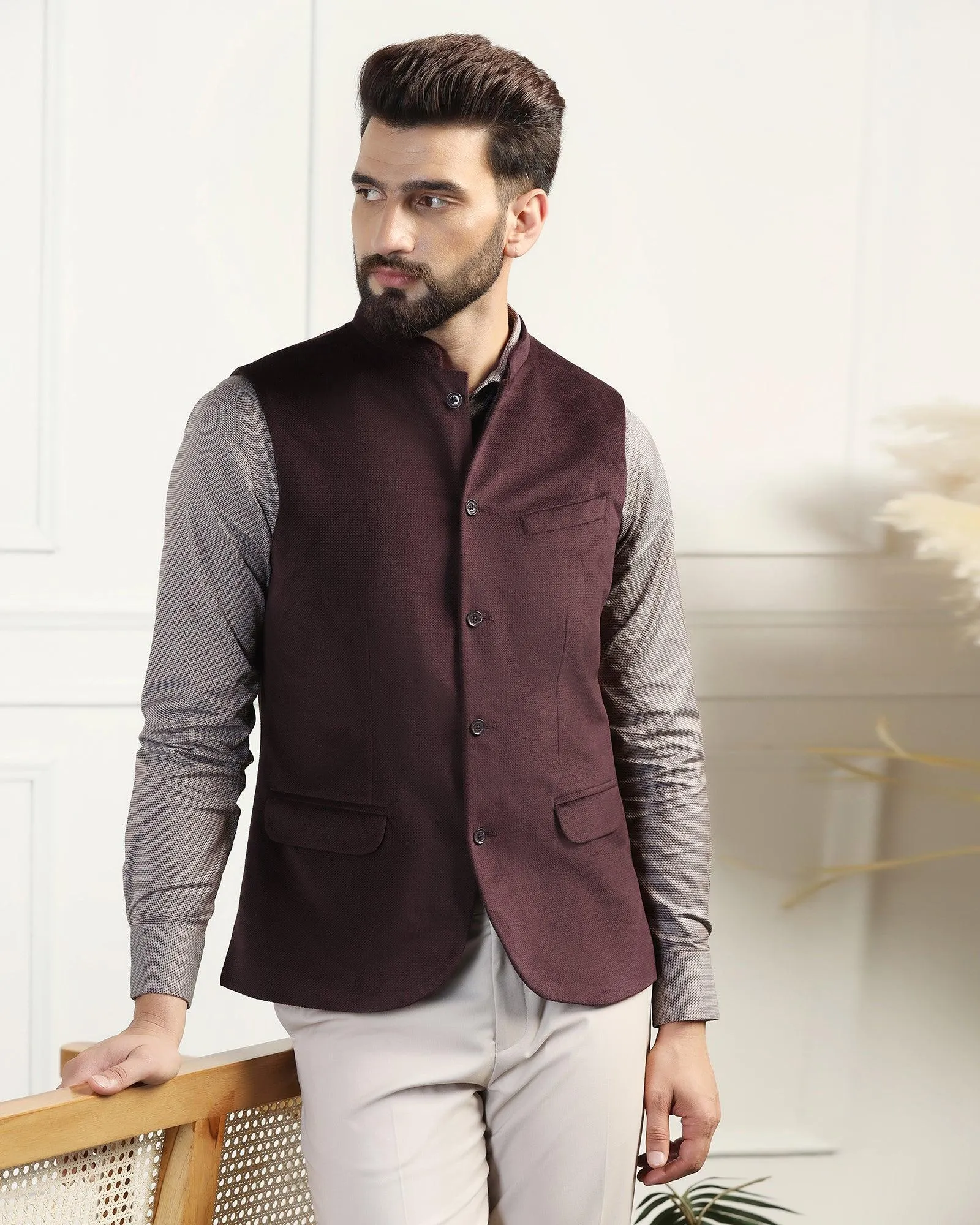 Bandhgala Formal Wine Textured Waistcoat - Emira
