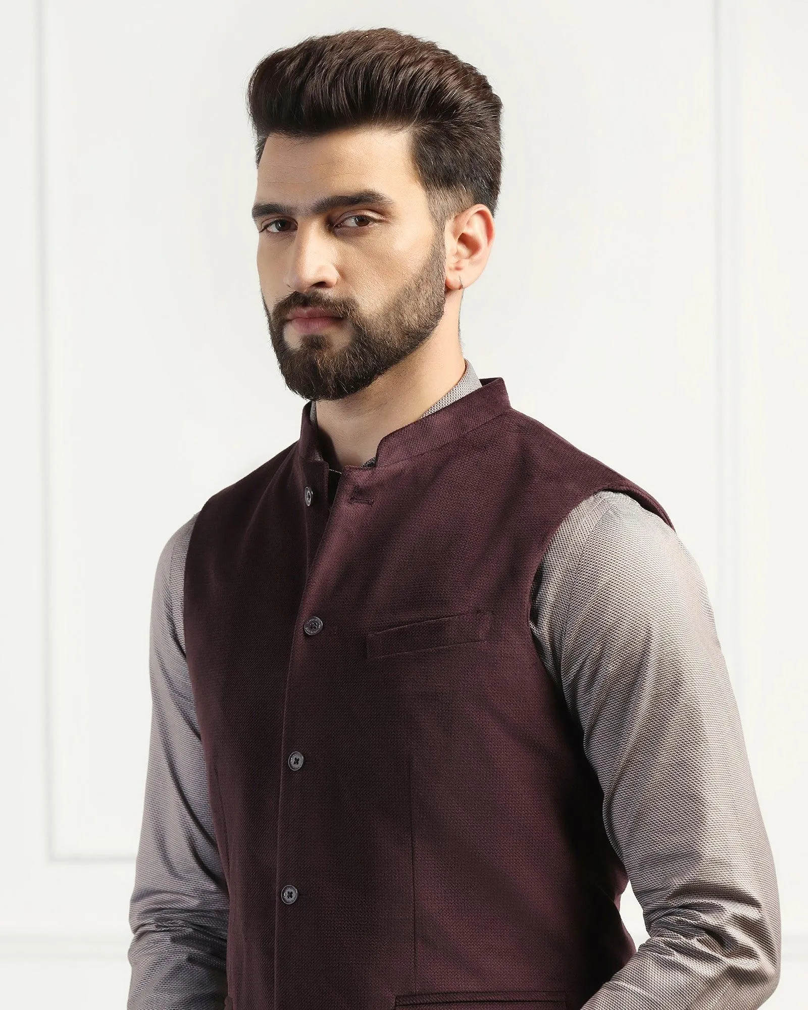 Bandhgala Formal Wine Textured Waistcoat - Emira