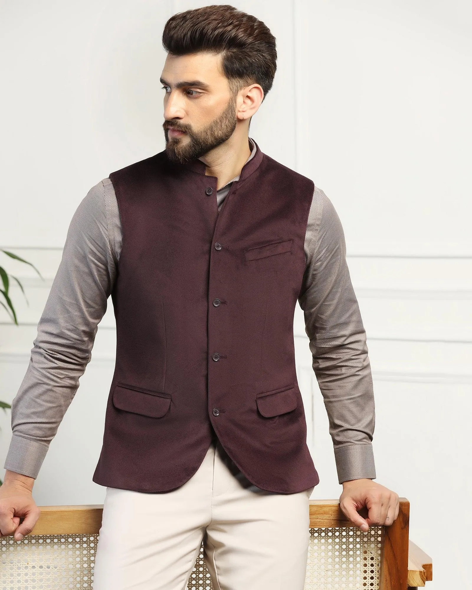Bandhgala Formal Wine Textured Waistcoat - Emira