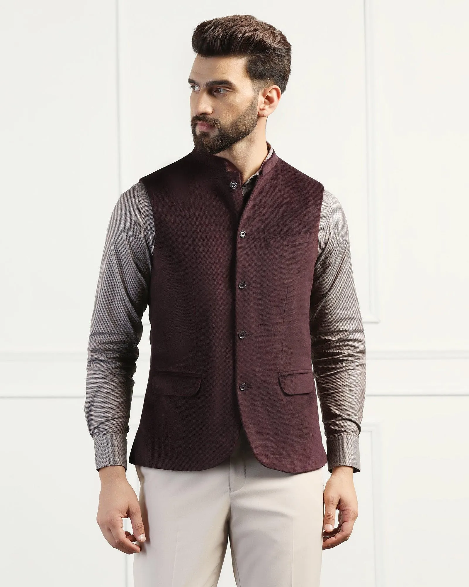 Bandhgala Formal Wine Textured Waistcoat - Emira