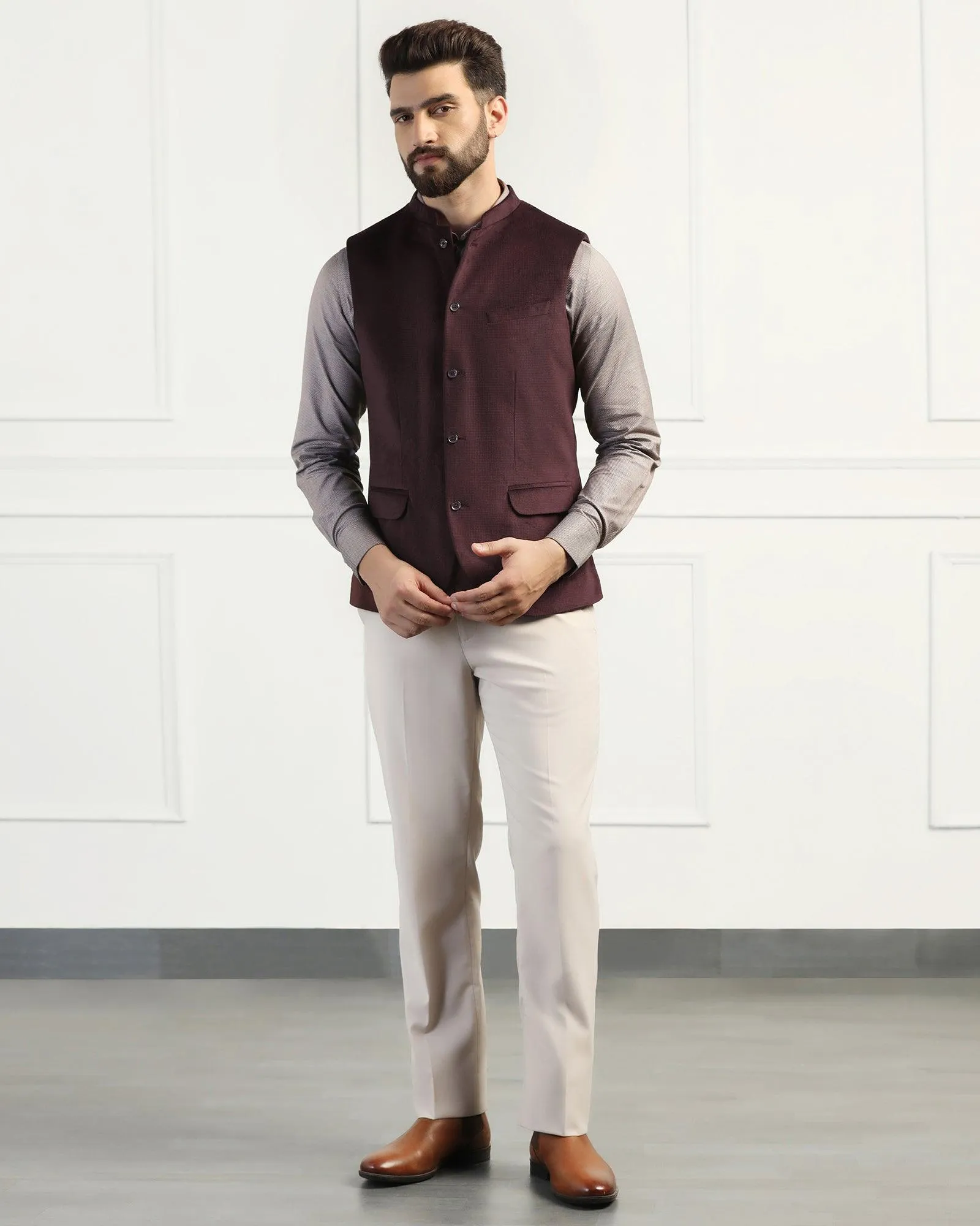 Bandhgala Formal Wine Textured Waistcoat - Emira