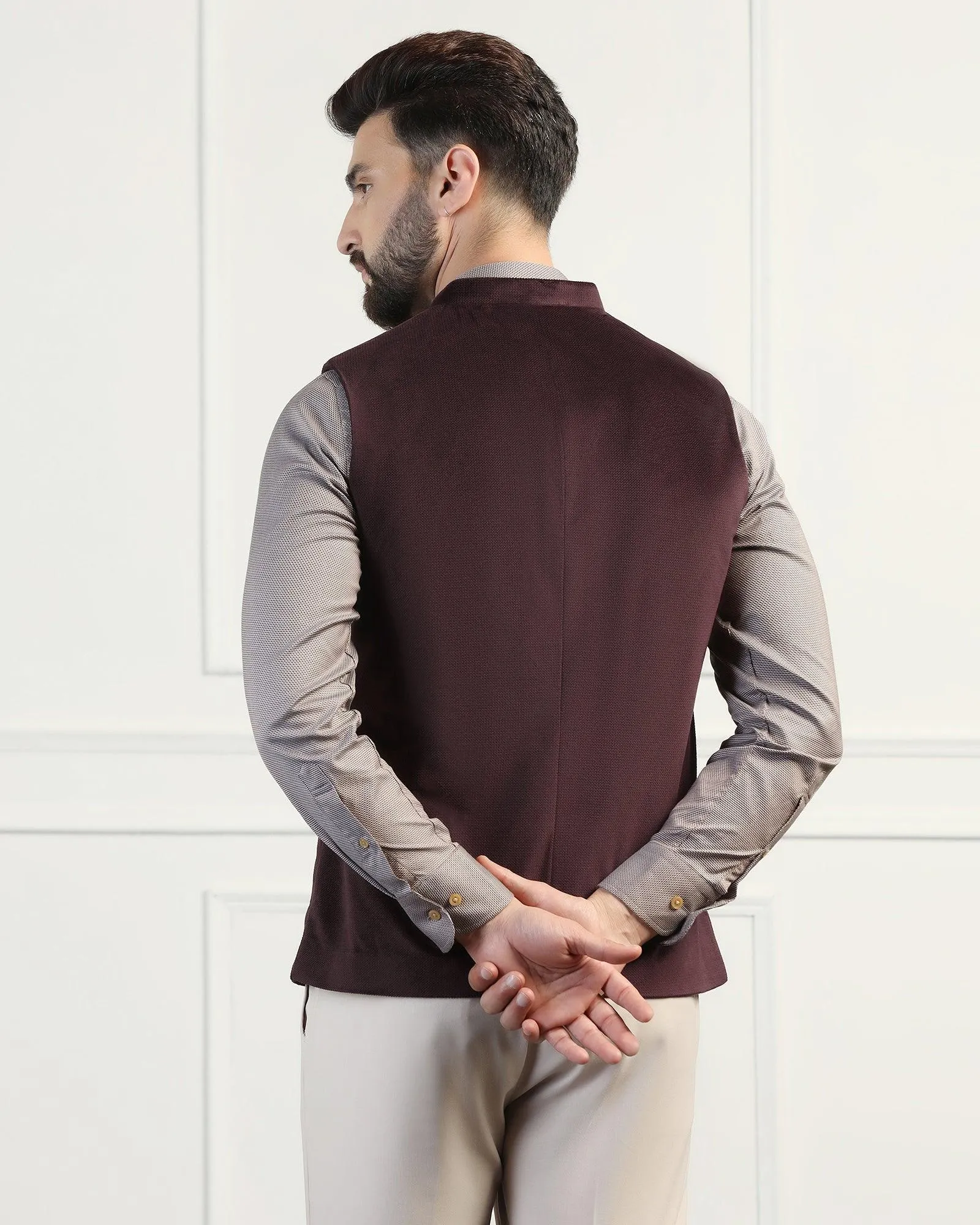 Bandhgala Formal Wine Textured Waistcoat - Emira