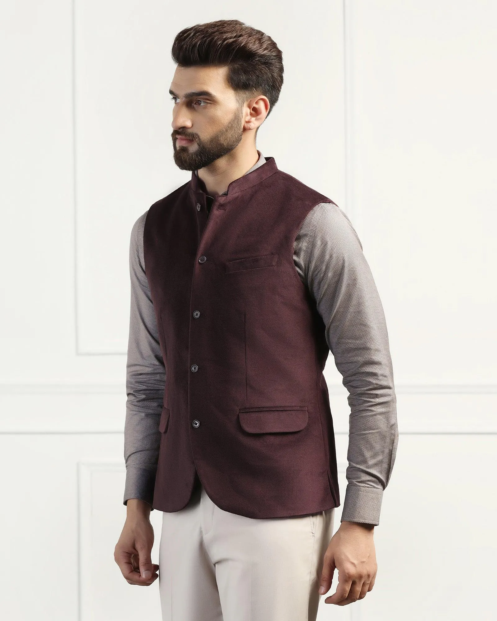 Bandhgala Formal Wine Textured Waistcoat - Emira