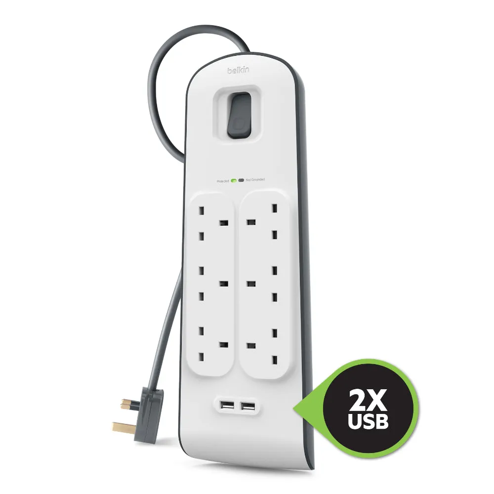BELKIN 6 Way Surge Protection Strip - 2m with 2 x 2.4amp USB Charging