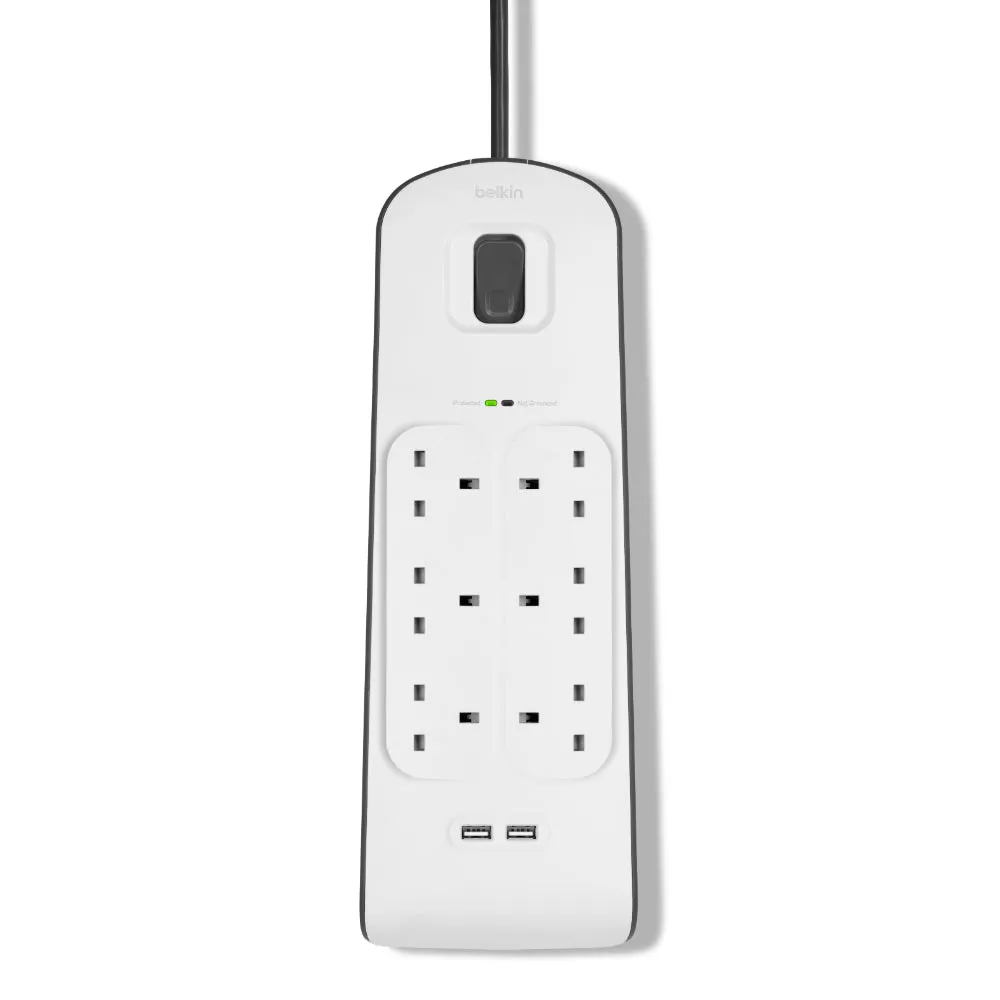 BELKIN 6 Way Surge Protection Strip - 2m with 2 x 2.4amp USB Charging
