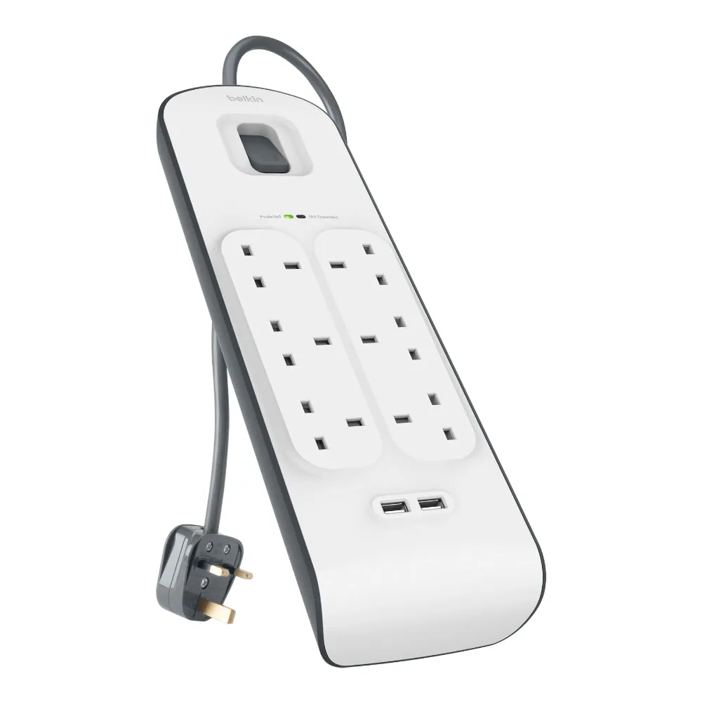 BELKIN 6 Way Surge Protection Strip - 2m with 2 x 2.4amp USB Charging