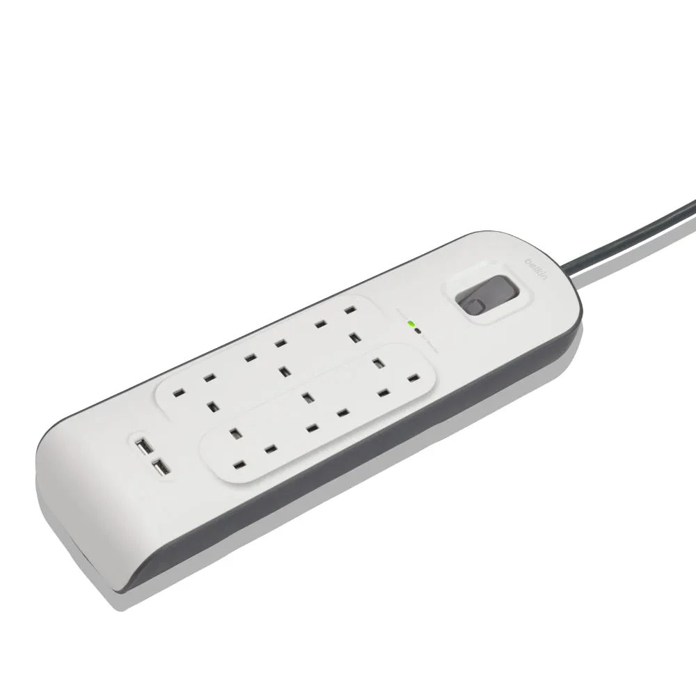 BELKIN 6 Way Surge Protection Strip - 2m with 2 x 2.4amp USB Charging