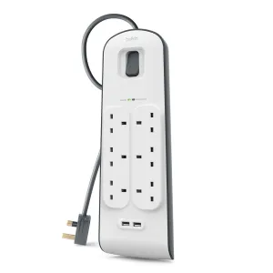 BELKIN 6 Way Surge Protection Strip - 2m with 2 x 2.4amp USB Charging