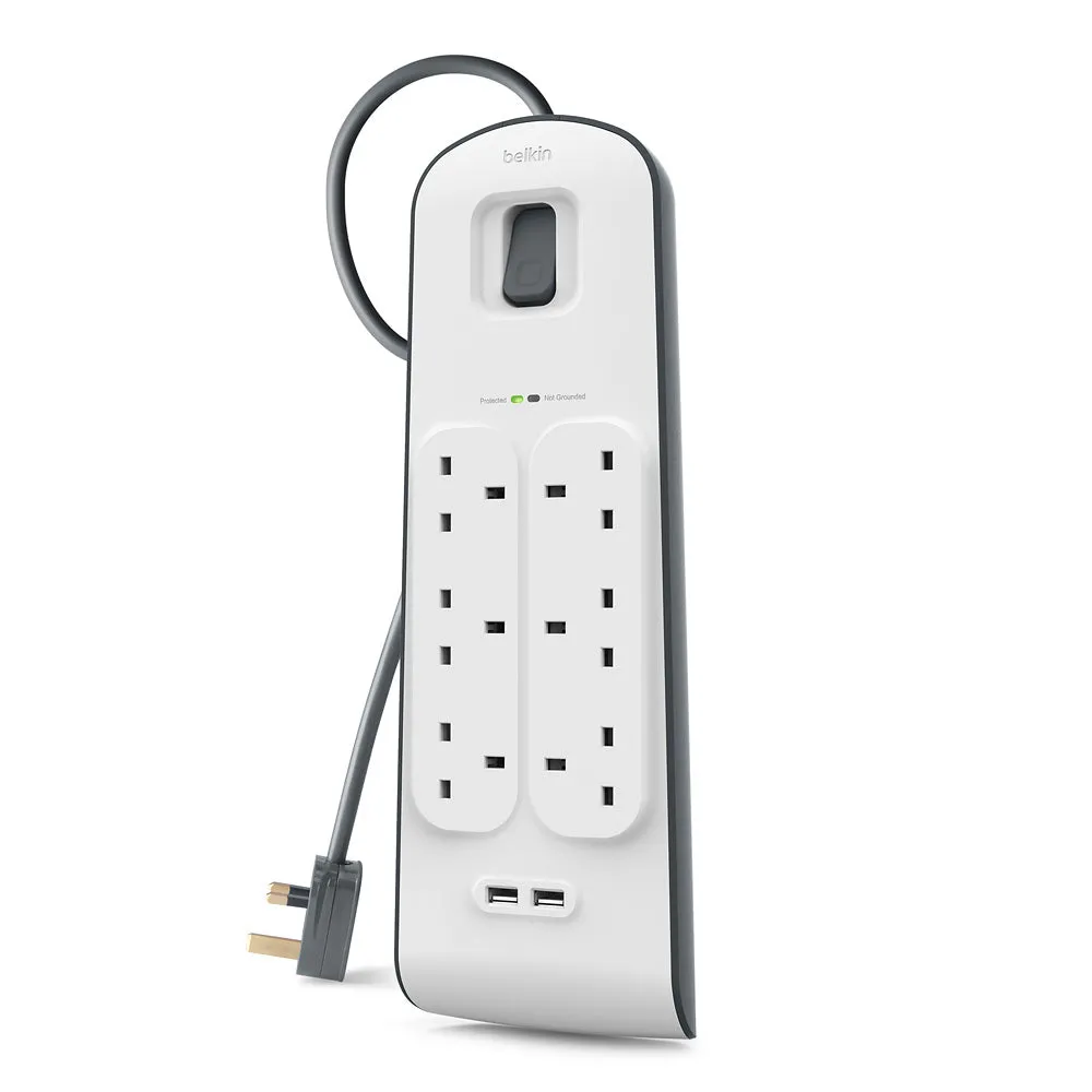 BELKIN 6 Way Surge Protection Strip - 2m with 2 x 2.4amp USB Charging