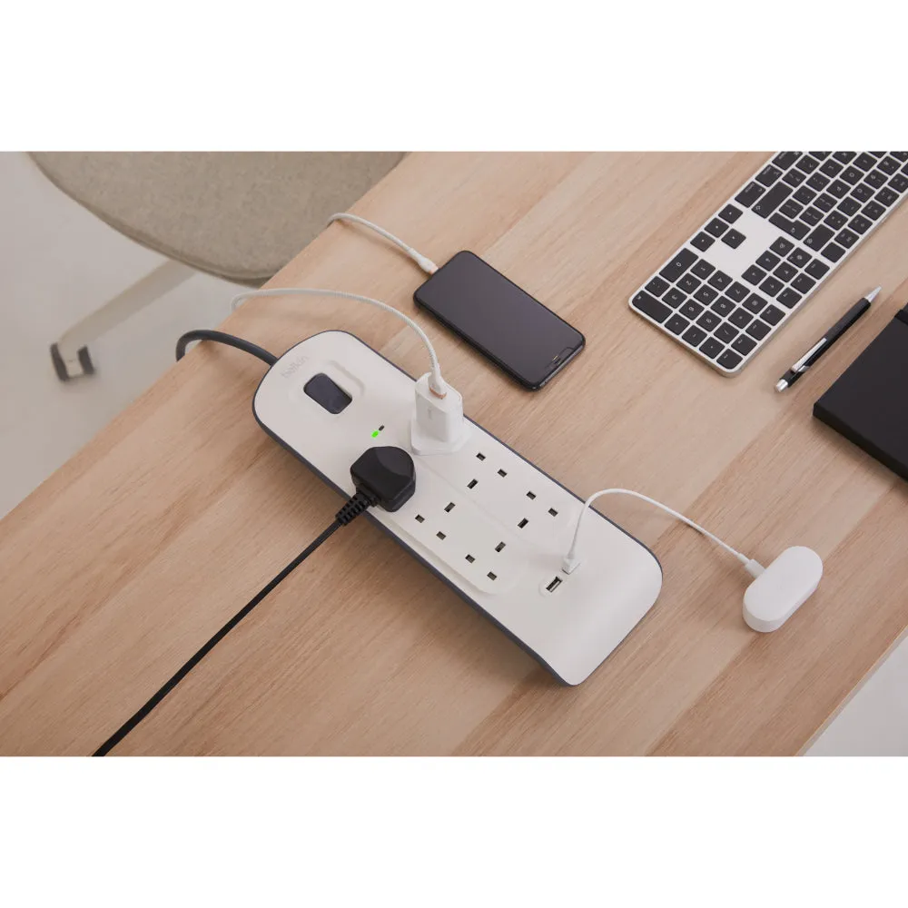 BELKIN 6 Way Surge Protection Strip - 2m with 2 x 2.4amp USB Charging