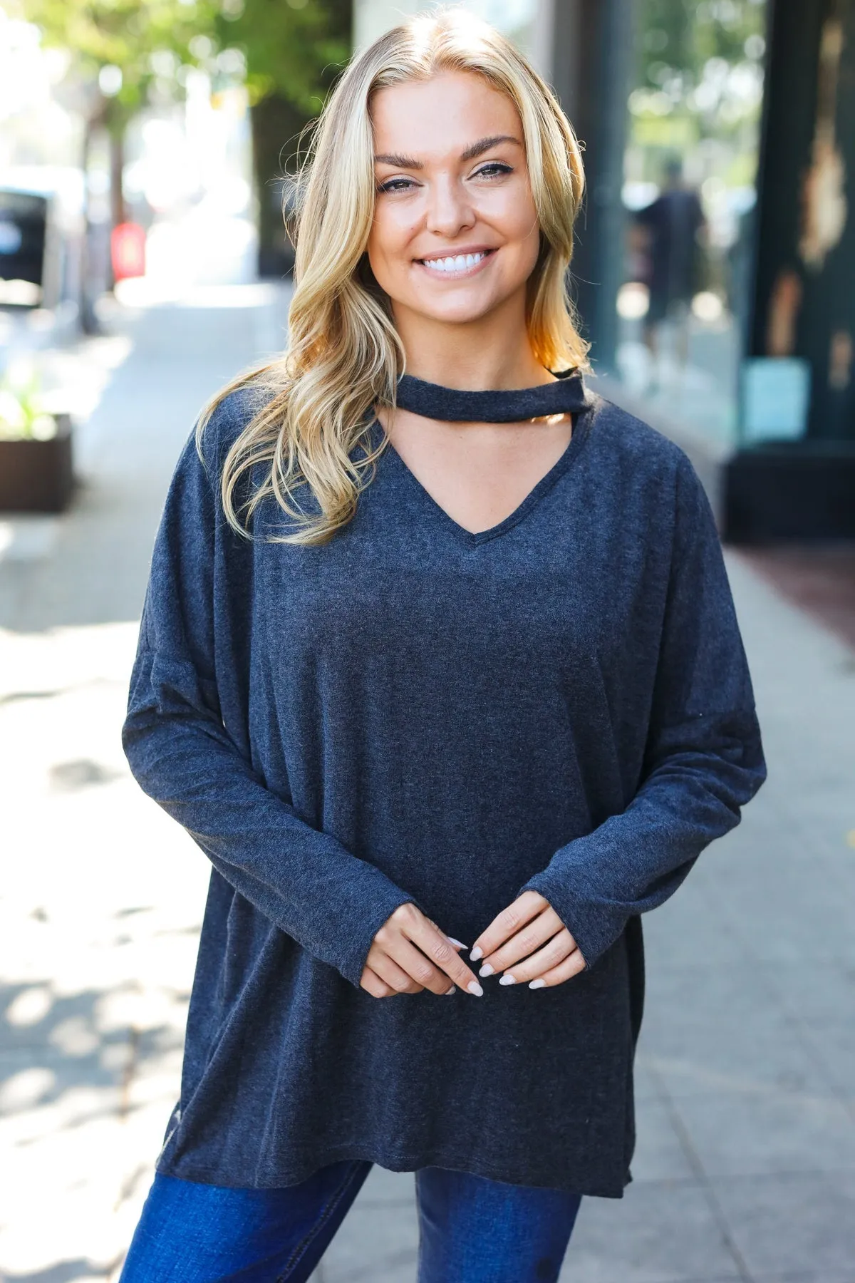 Casual Chic Solid Grey Choker Long Sleeve Hacci Pullover Top