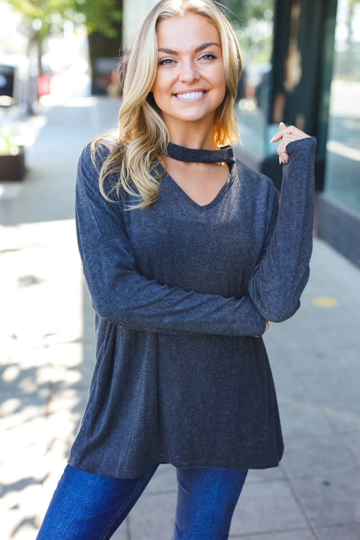 Casual Chic Solid Grey Choker Long Sleeve Hacci Pullover Top