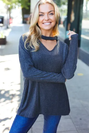 Casual Chic Solid Grey Choker Long Sleeve Hacci Pullover Top