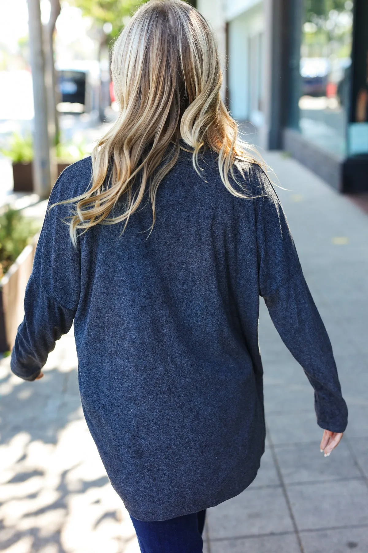 Casual Chic Solid Grey Choker Long Sleeve Hacci Pullover Top