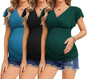 Ekouaer Women's Maternity Shirts 3 Packs Nursing Tops Flying Short Sleeve Breastfeeding Tees Side Ruched Pregnancy Clothes
