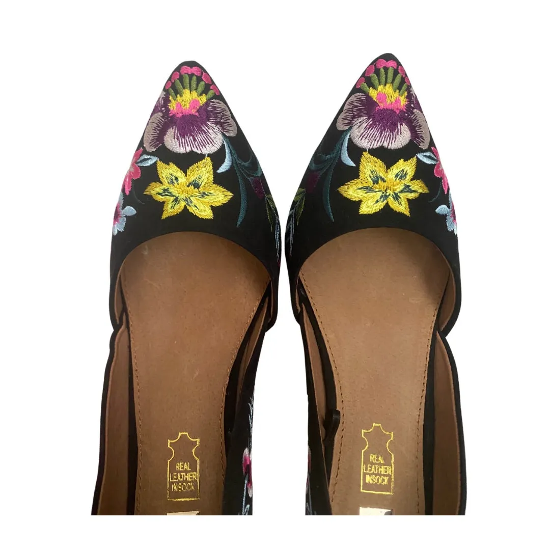 Floral Embroidered Court Shoe Leather Black SIZE 41