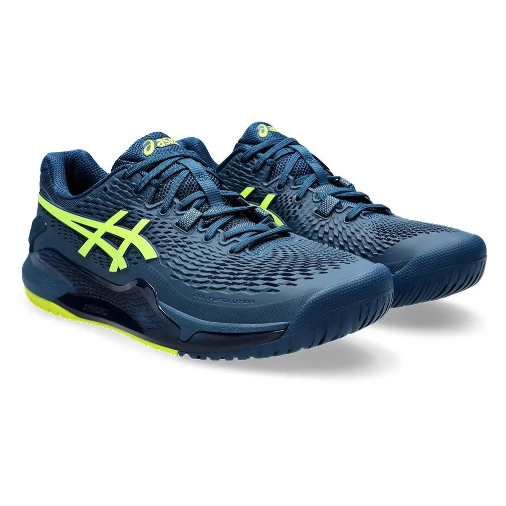 Mens Gel-Resolution 9 Wide Tennis Shoes Mako Blue and Safety Yellow