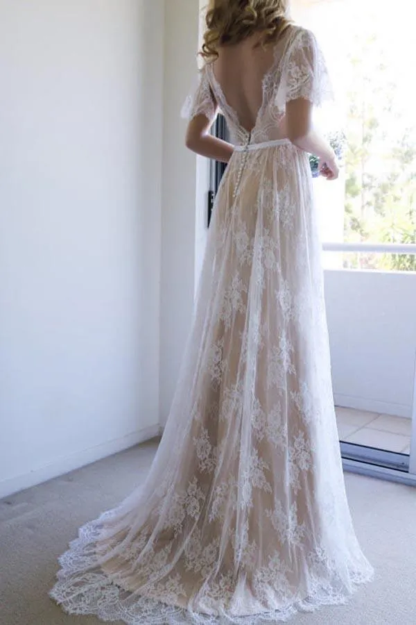 Romantic A-line White Lace Long Wedding Dress with Open Back WD111
