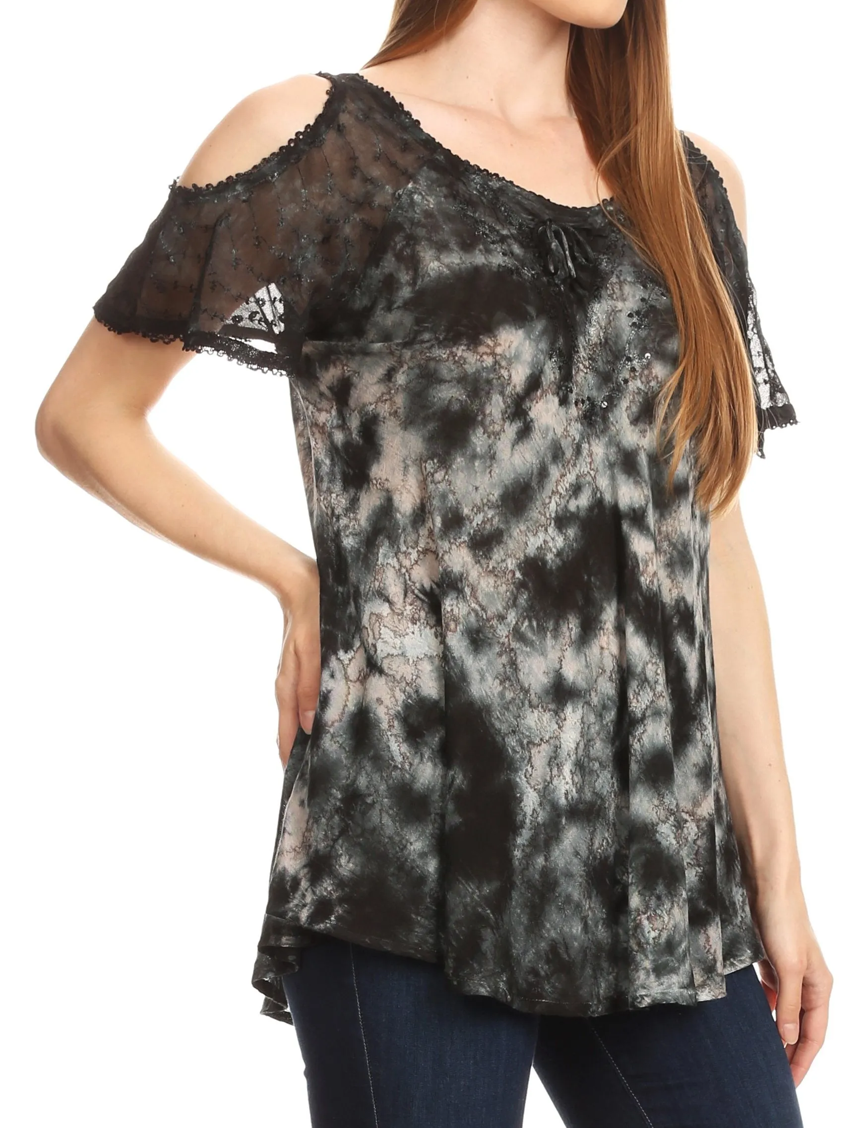 Sakkas Aziza Womens Cold Shoulder Tie-dye Blouse Top with Corset and Embroidery