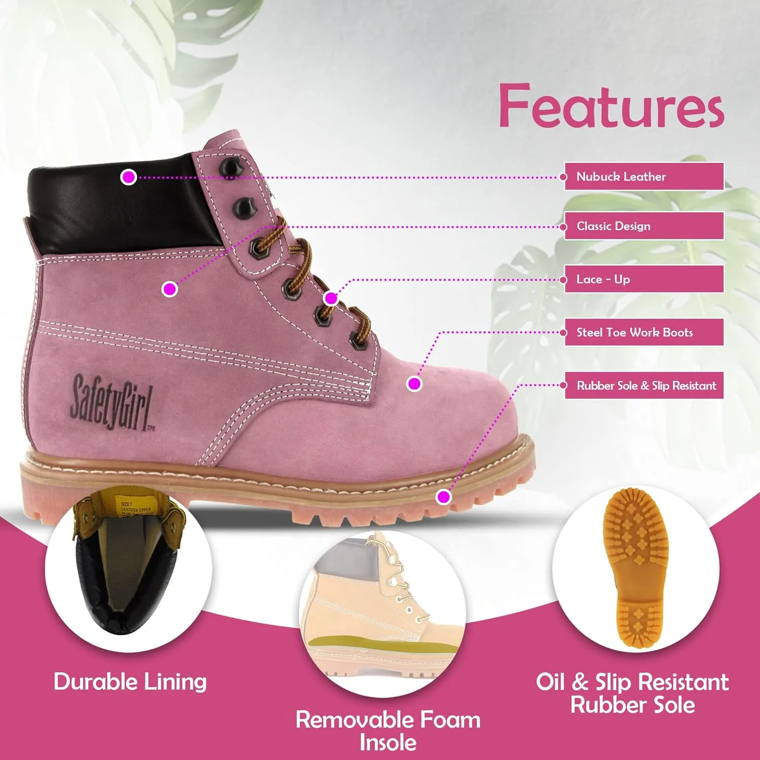 Steel Toe Boots for Women - Light Pink-10.5M | Waterproof Work Boots for Women Steel Toe Boots | Slip Resistant Work Shoes for Women | Lightweight Nubuck Leather for Comfort and Style