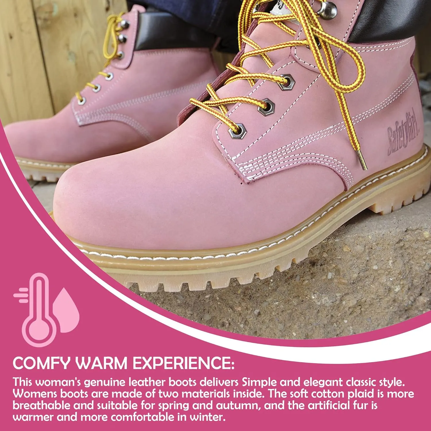 Steel Toe Boots for Women - Light Pink-10.5M | Waterproof Work Boots for Women Steel Toe Boots | Slip Resistant Work Shoes for Women | Lightweight Nubuck Leather for Comfort and Style